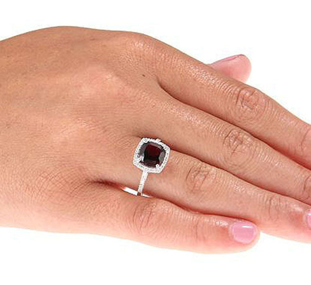 10k White Gold Cushion Garnet and Diamond Halo Ring