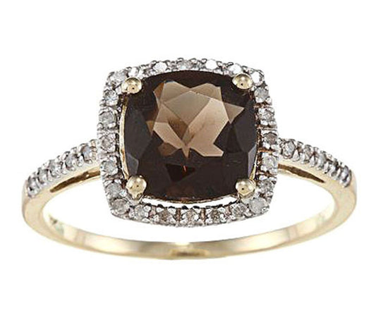 10k Yellow Gold Cushion Smoky Quartz and Diamond Halo Ring