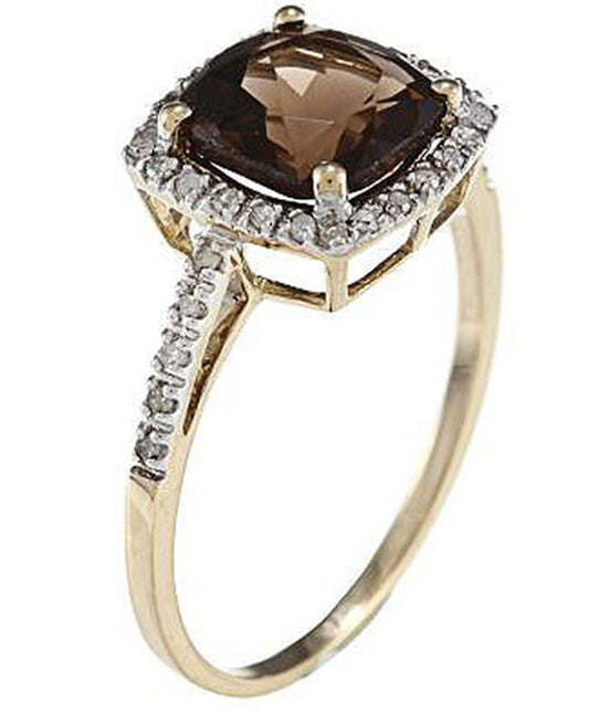 10k Yellow Gold Cushion Smoky Quartz and Diamond Halo Ring