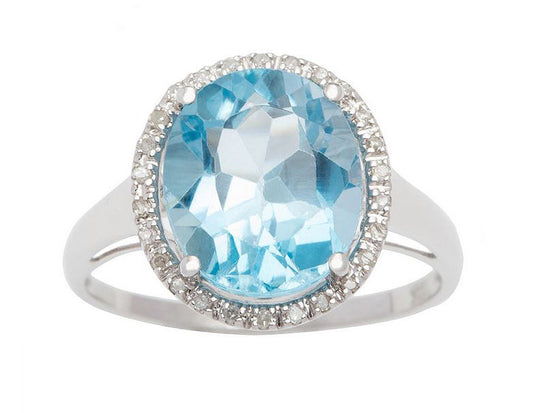 10k White Gold 3.80ct Oval Blue Topaz and Diamond Halo Ring