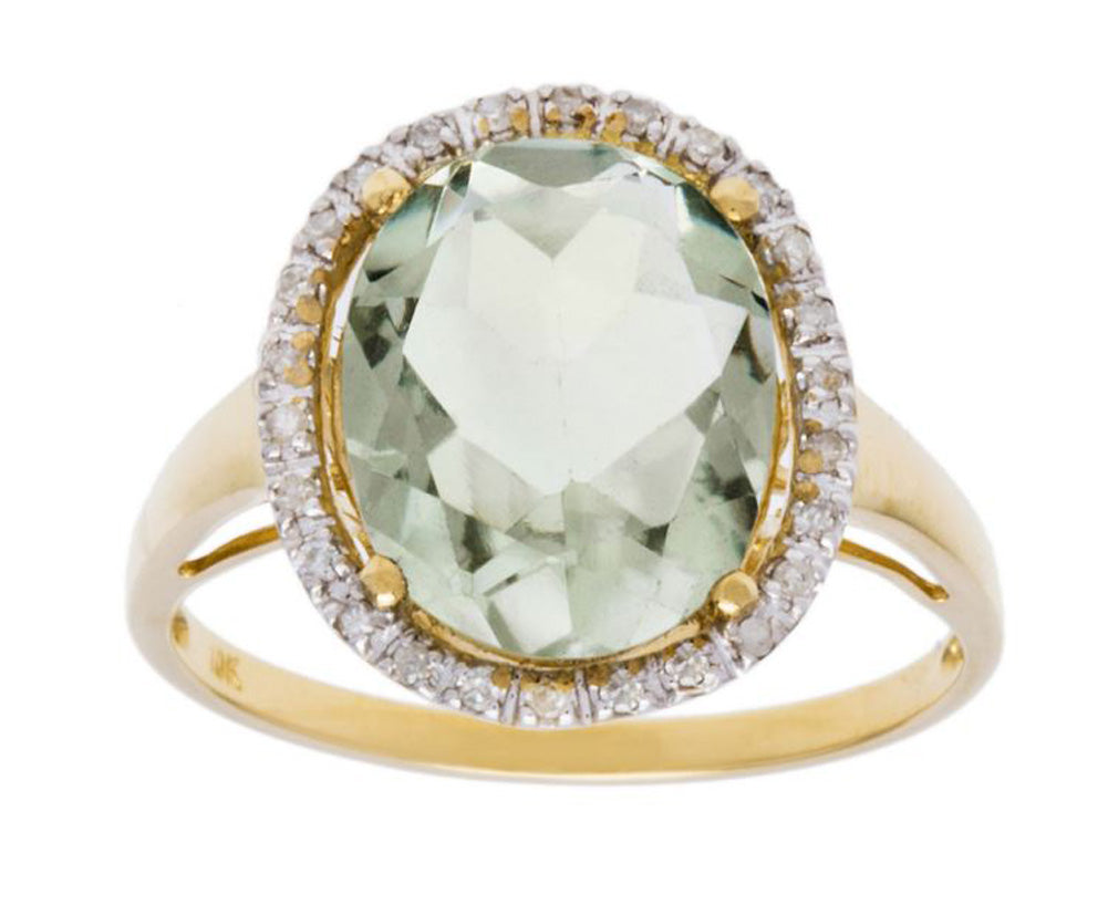 10k Yellow Gold 3.50ct Oval Green Amethyst and Diamond Halo Ring