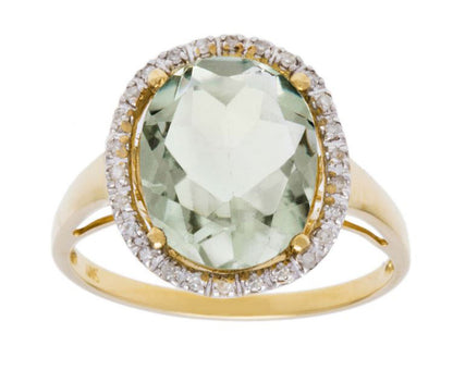 10k Yellow Gold 3.50ct Oval Green Amethyst and Diamond Halo Ring