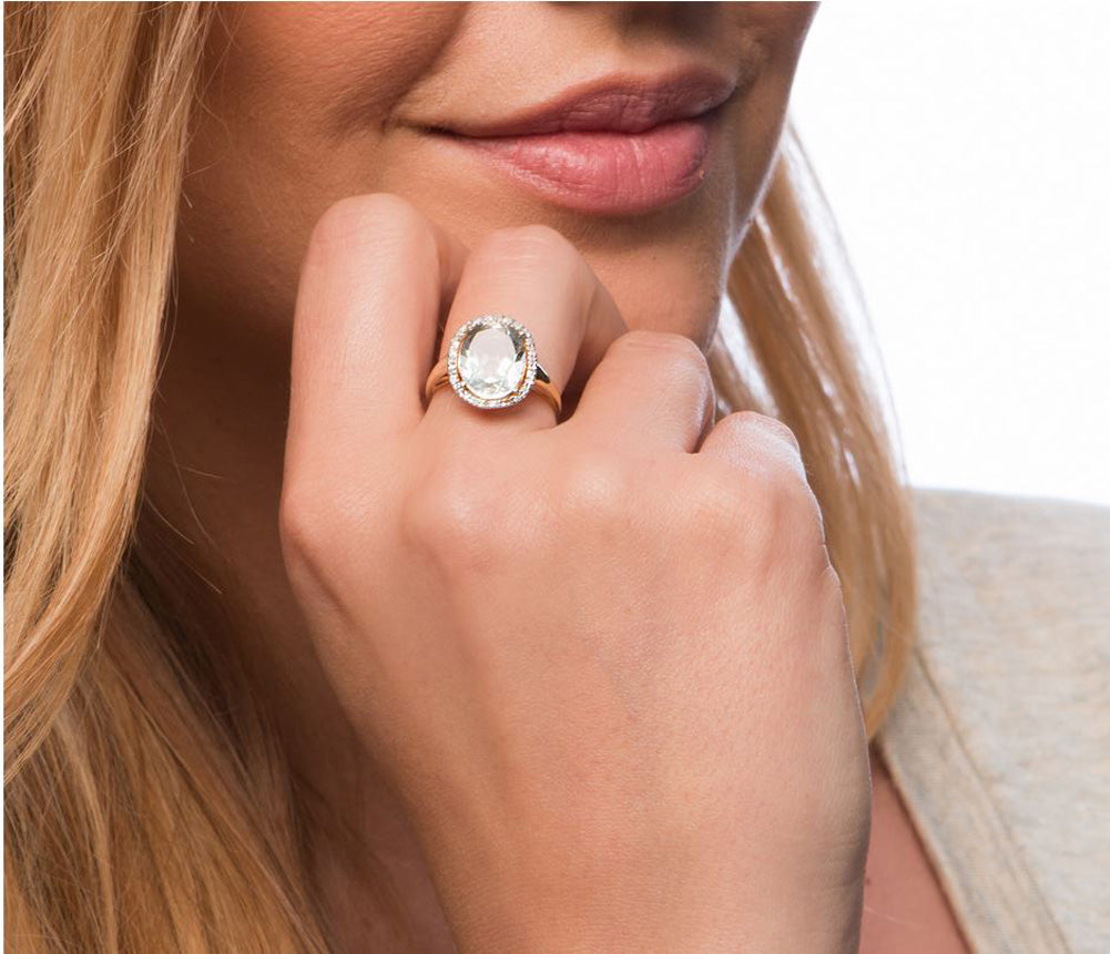 10k Yellow Gold 3.50ct Oval Green Amethyst and Diamond Halo Ring
