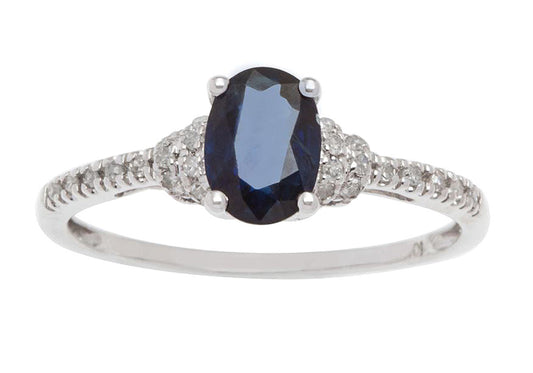 10k White Gold Oval Blue Sapphire and Diamond Ring