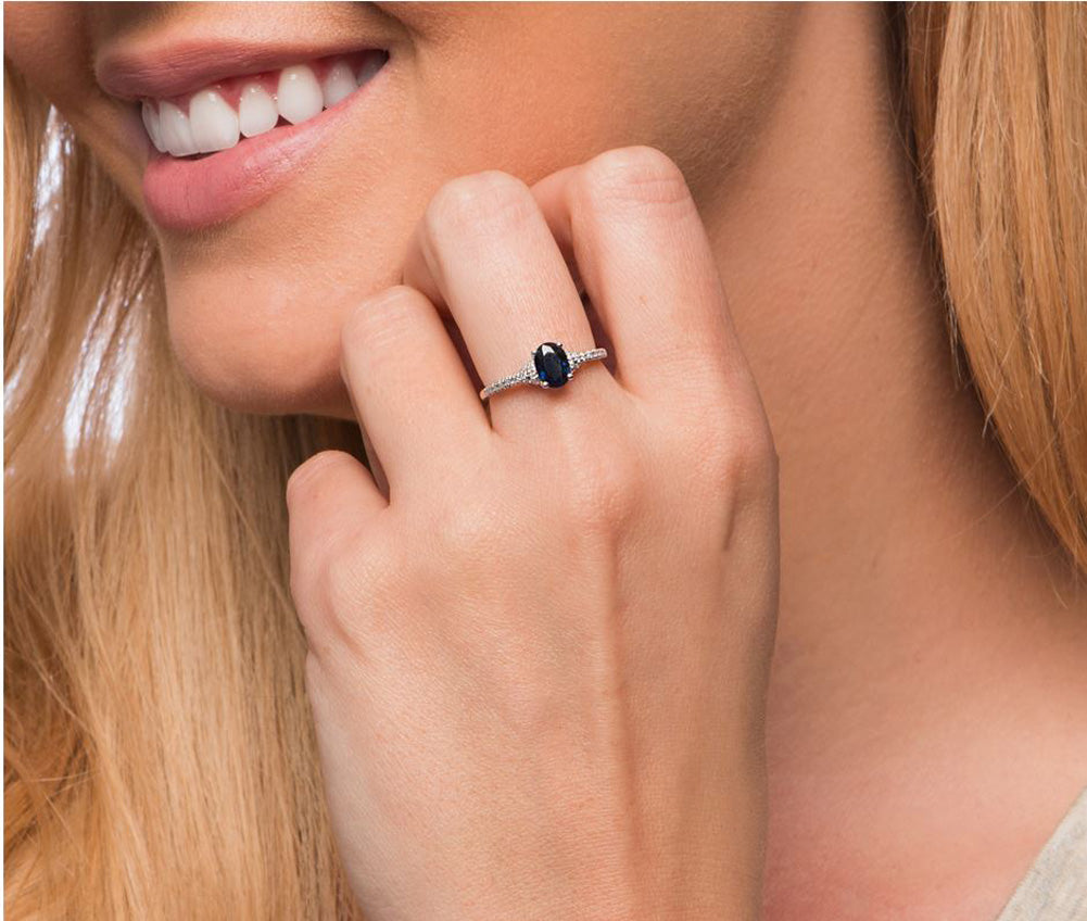 10k White Gold Oval Blue Sapphire and Diamond Ring