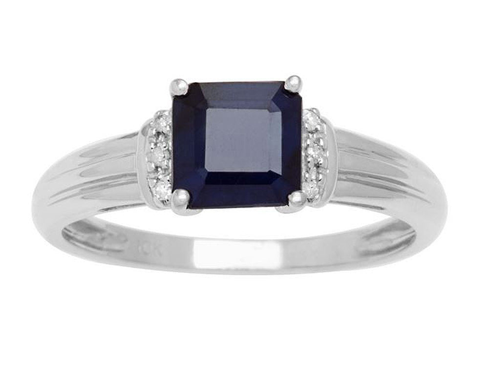 10k White Gold Square Sapphire and Diamond  Accent Ring