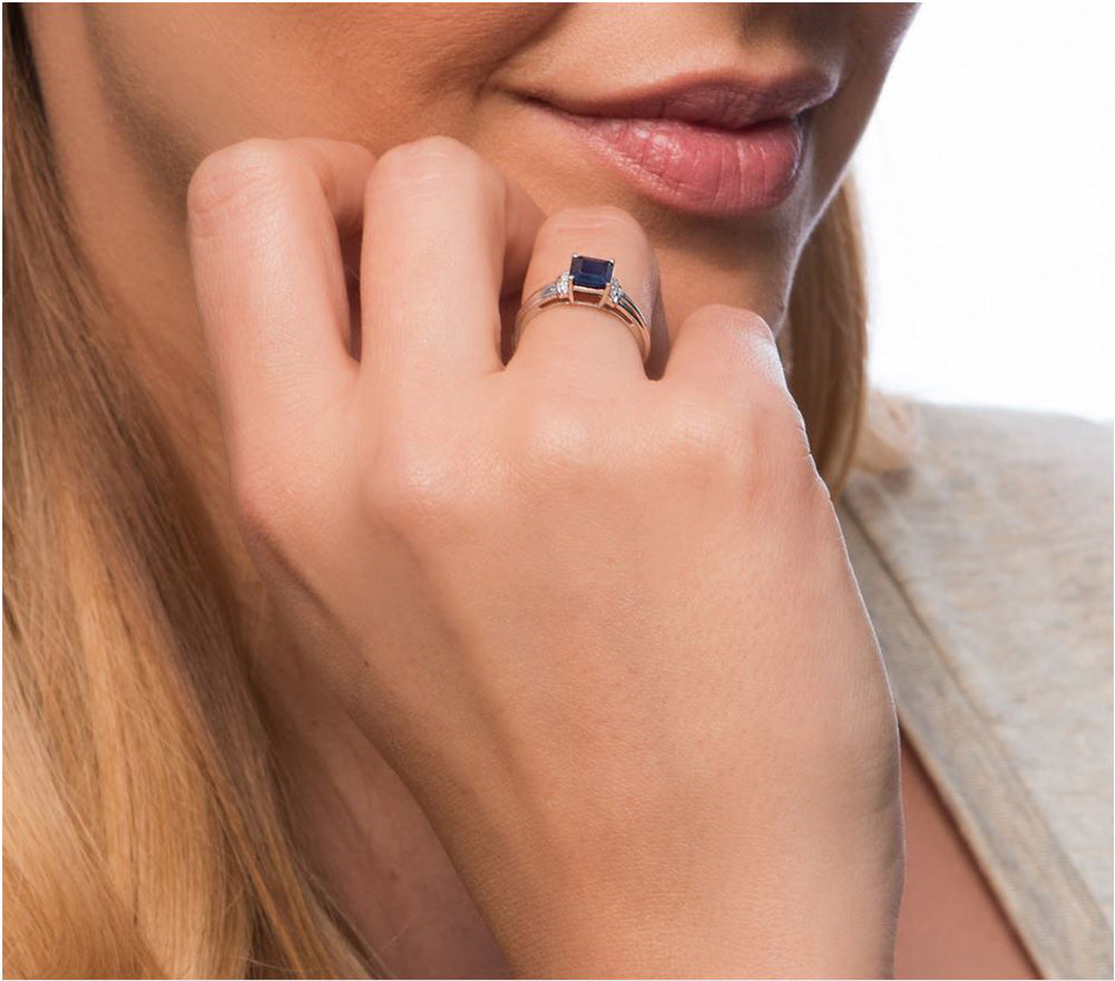 10k White Gold Square Sapphire and Diamond  Accent Ring